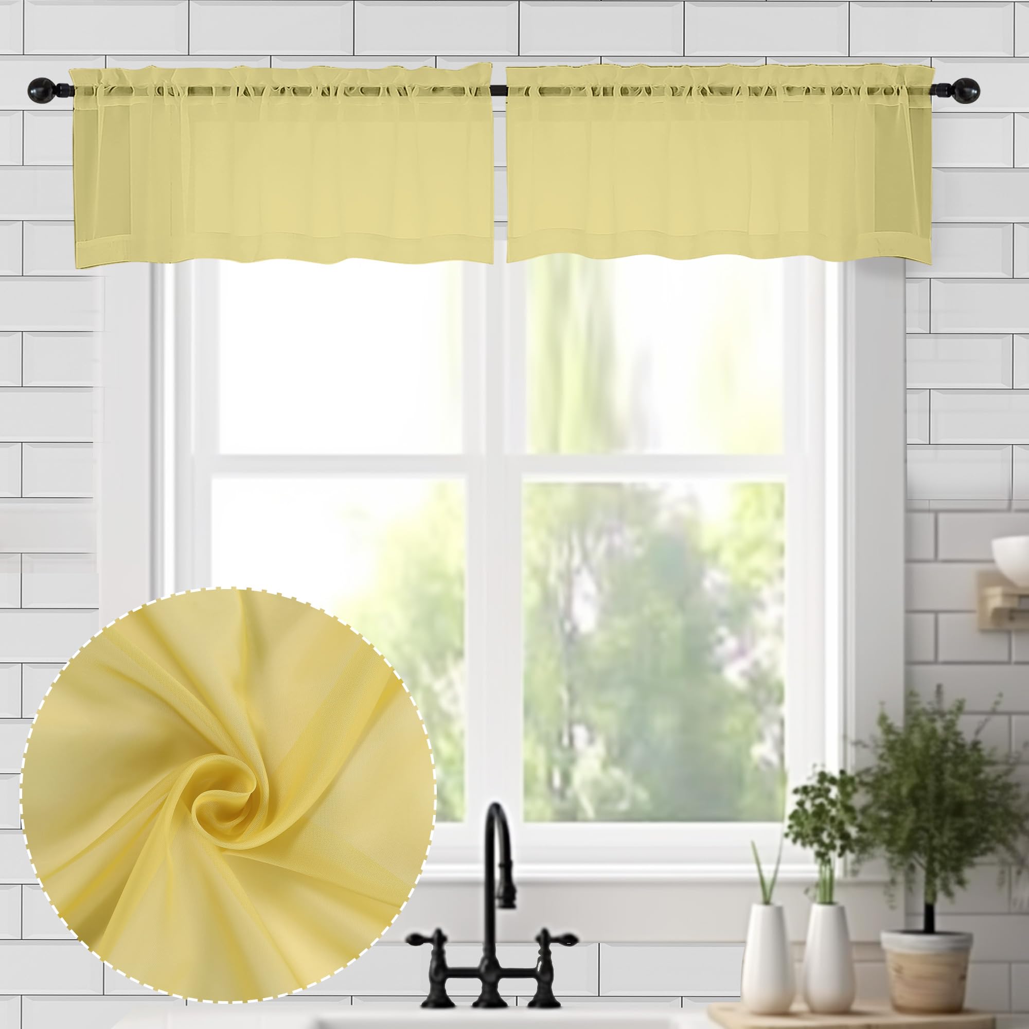 Chyhomenyc Mustard Yellow Sheer Valances for Windows - Light Filtering Small Kitchen Curtains, Short Top Window Treatment Decor for Living Room Bathroom Basement, 42Wx14L inches, 2 Pack — image 1