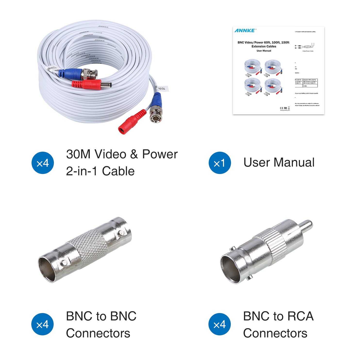 SANNCE BNC Cable de Video Vigilancia Cámara Analog 30m/100ft HD Multifunzioni Cable de BNC de DVR CCTV DC Fuente Alimentación Sistema de Videovigilancia-Blanco
