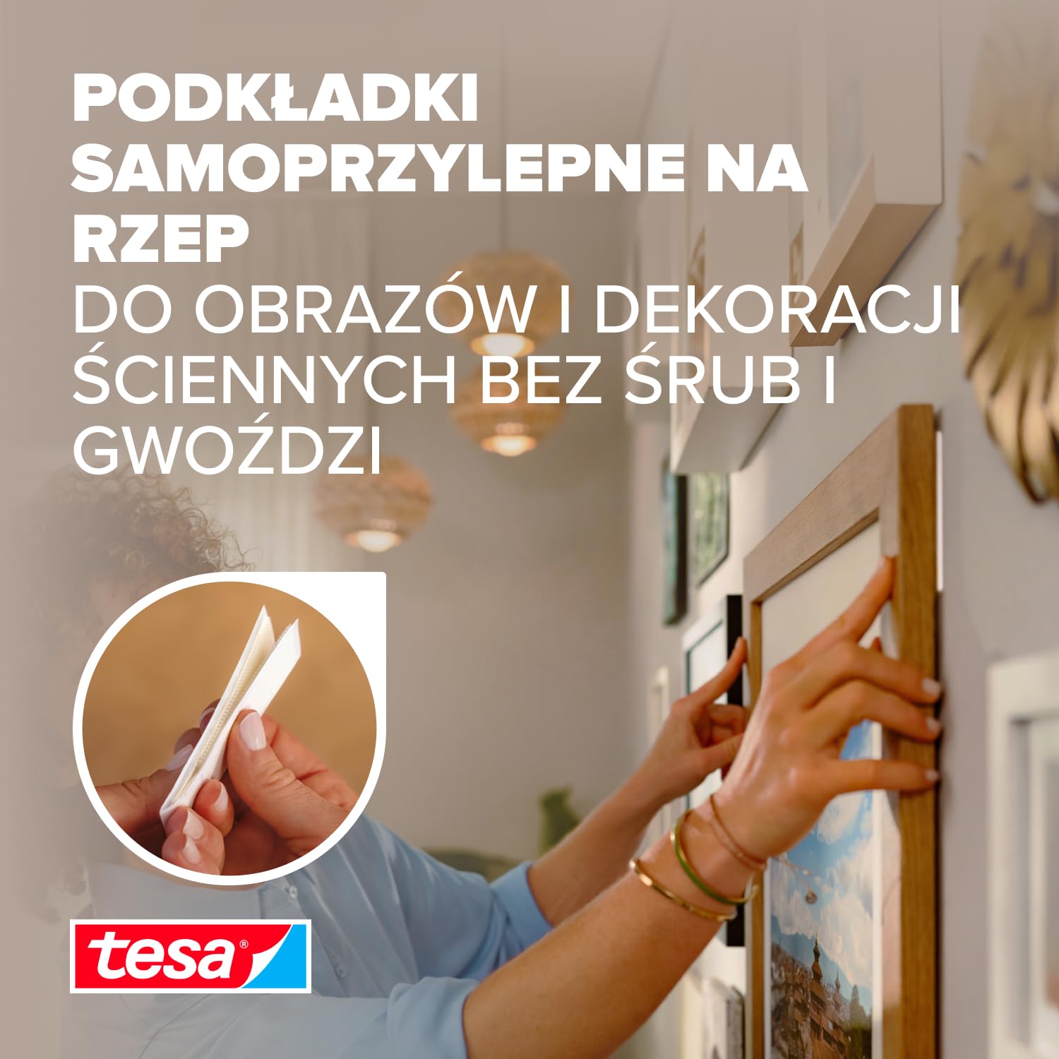 tesa Powerstrips CLICK samoprzylepne paski do mocowania i odklejania ramek na zdjęcia i dekoracji ścian, bez wiercenia, paski samoprzylepne z systemem zatrzaskowym ON & OFF, średnie, 16 x 2 sztuki