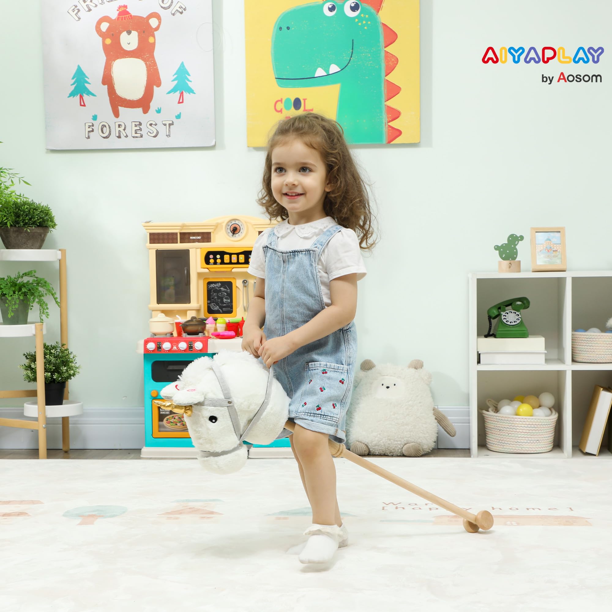 AIYAPLAY Cabeza de Caballo con Palo de Madera, Diseño Unicornio, Sonidos y Ruedas, Caballo de Juguete, 95 cm de Altura, Blanco