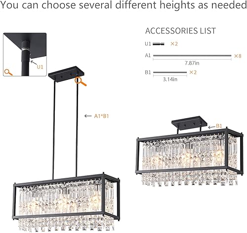 Miniatura 4 de LMQNINE Candelabro rectangular moderno para comedor, lámpara de cristal negro, lámpara lineal, lámpara de granja para isla de cocina, mesa de bar,