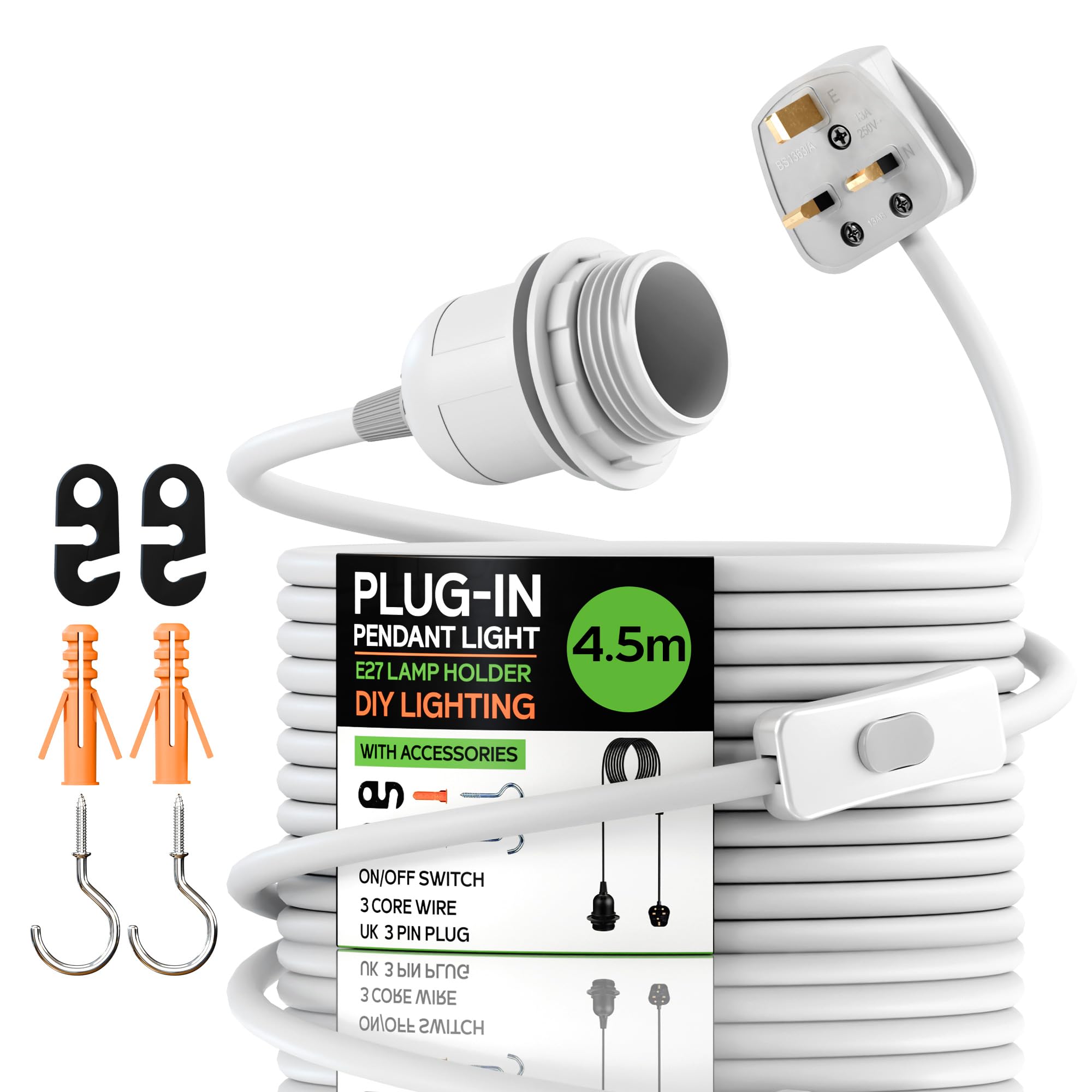 Pendant Light Plug in with ON/OFF Switch E27 E14 Lamp Set LEDSone Vintage Plug-in Pendant Light Metal with Hook Ceiling Mounted Light for Living Room (4.5m White with Holder) — image 1