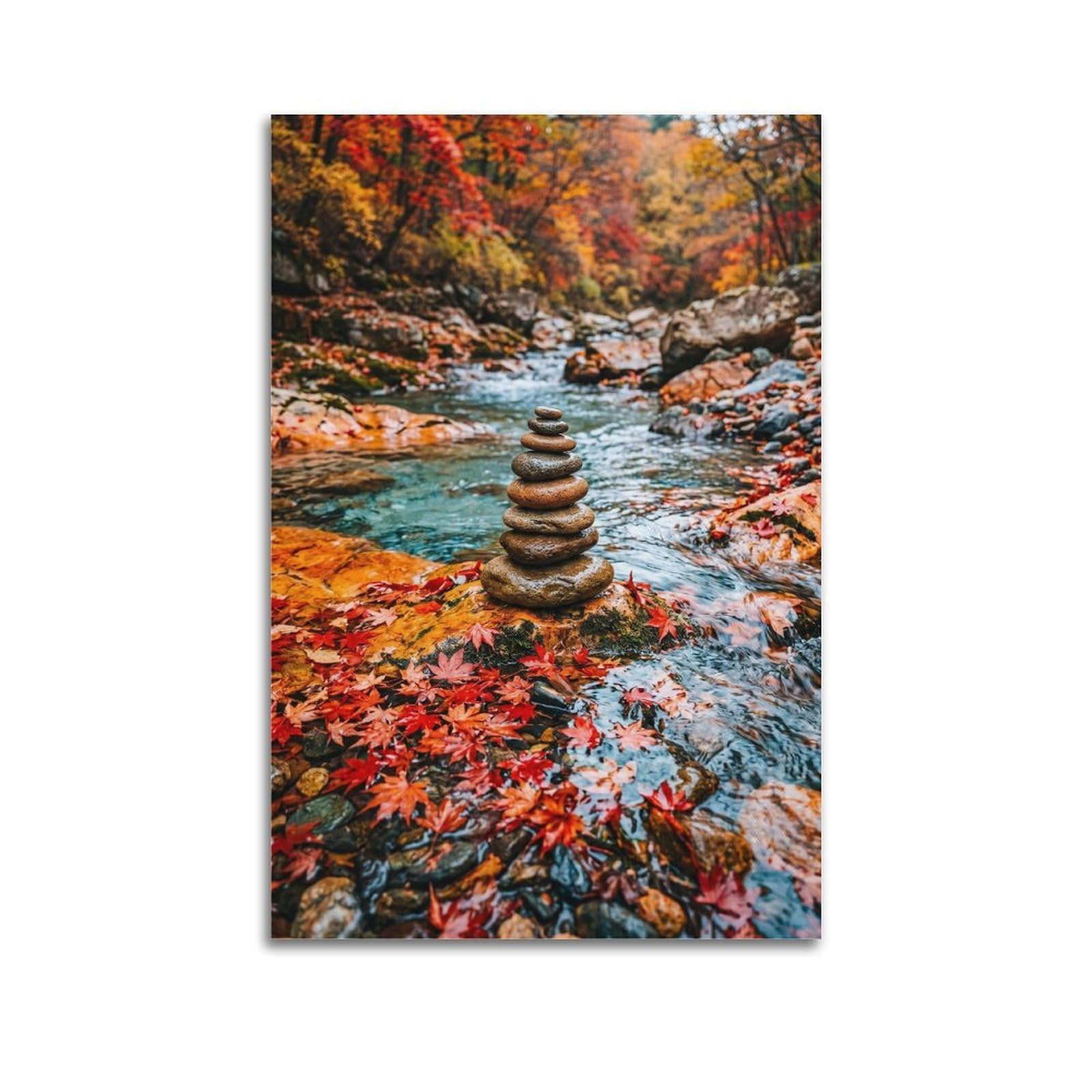 XKUGA Zen Nature Poster Autumn River Pebble Cairn Healing Serenity Modern Decorative Canvas Prints - Ideal Wall Art for Family, Man Cave, Game Room, Boys & Girls Bedroom 20x30inch(50x75cm)