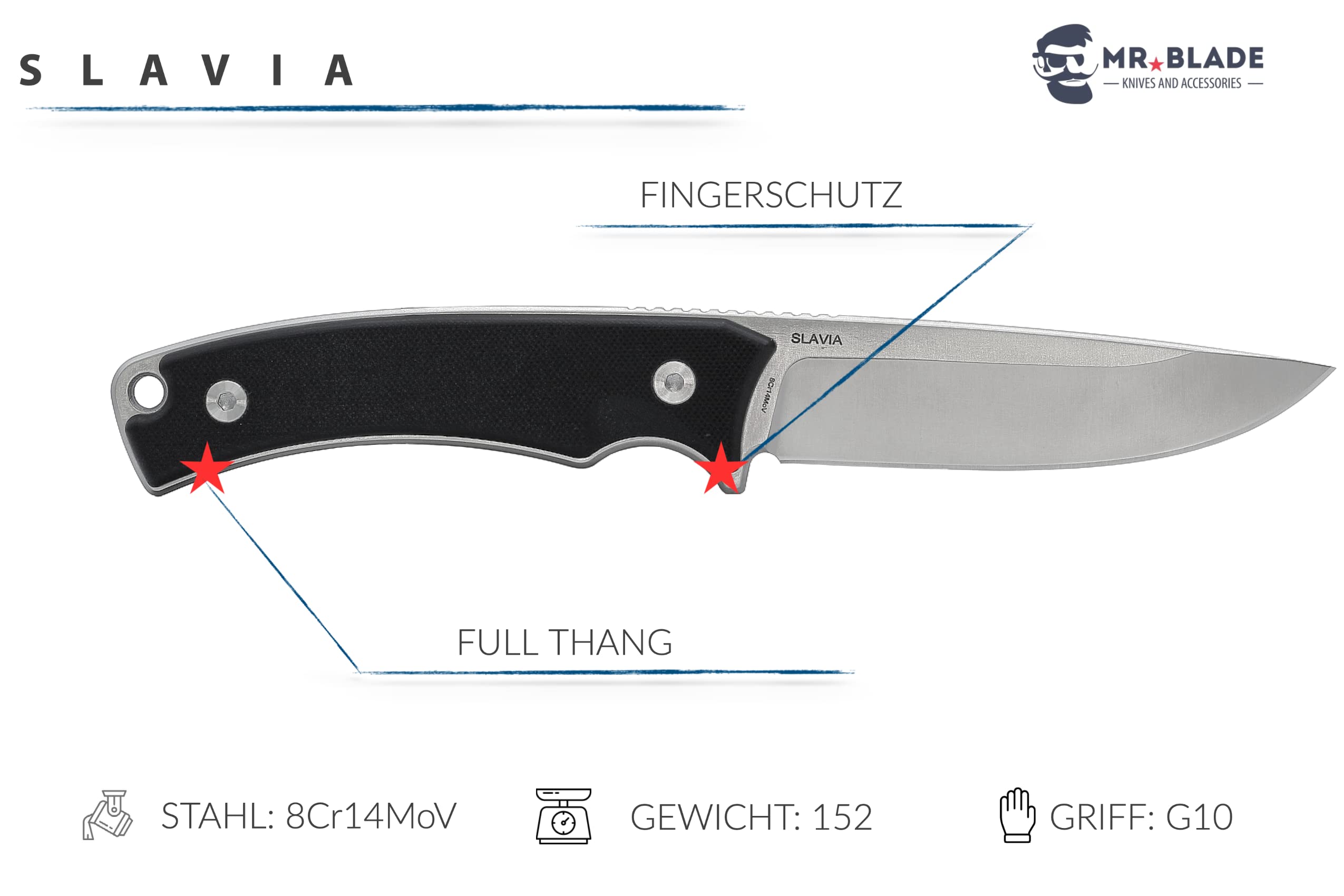 Mr. Blade Bushkraft Messer — Slavia Satin — Exklusives Outdoormesser mit Kydexscheide