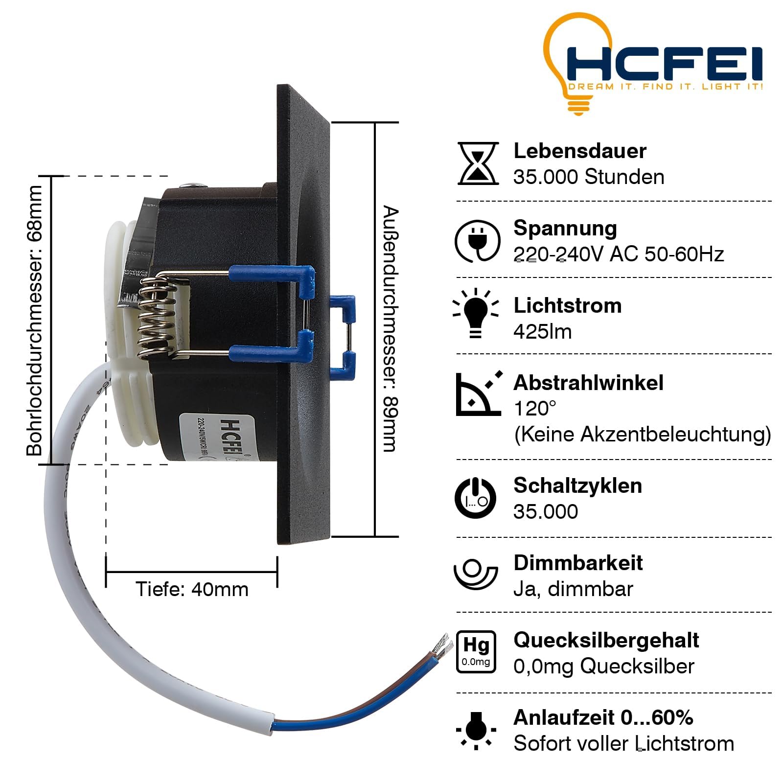 HCFEI LED Einbaustrahler Set eckig - schwarz 5 Watt dimmbar 230V flach blendfrei – Einbauleuchte Ø 68mm Bohrloch – Einbau-Spot Decken-Strahler Deckeneinbaustrahler (6er set - Warmweiß)