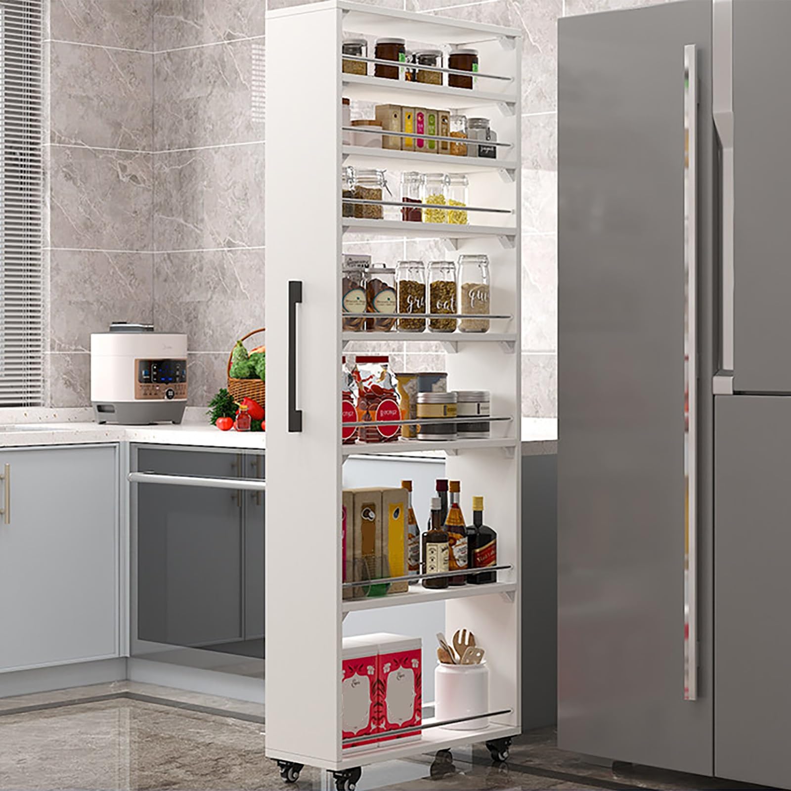 Carrito de almacenamiento rodante con asa y ruedas, organizador delgado de 7 niveles para espacios estrechos, ahorra espacio junto al refrigerador