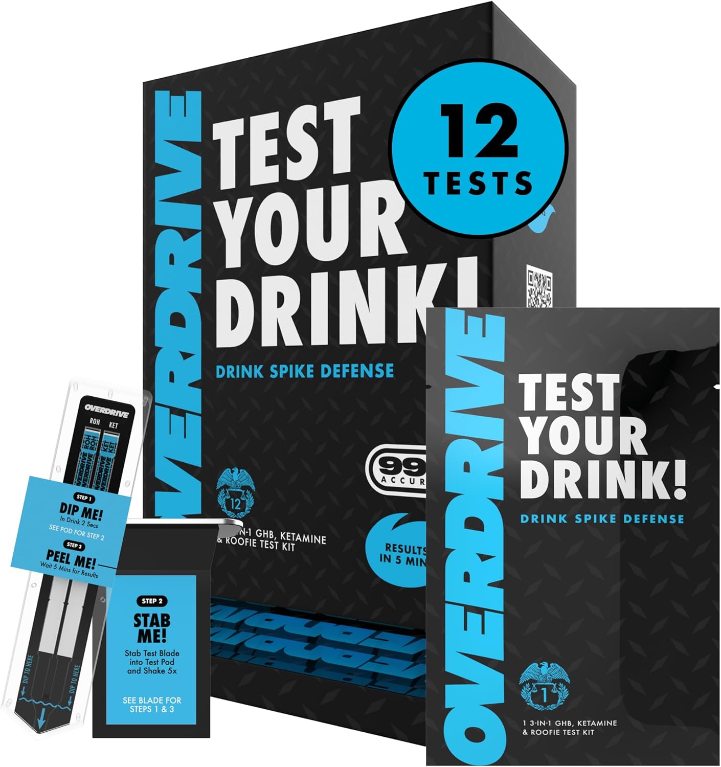 Drink Spiking Test Kit 2.0 – Overdrive Defense 12 Pack – 99% Accuracy Beverage Safety Test – Fast Results in 5 Minutes – Easy to Use, Portable Protection Tool, Bar Essential