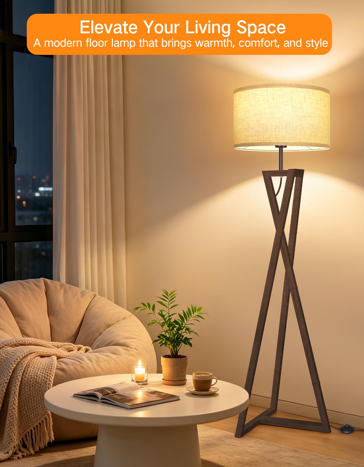 OUTON Lampada da Terra Moderna in Legno con Telecomando per Soggiorno, Nero | LED Regolabile 3000K-6500K, Funzione Memoria, Timer, Paralume Premium in Lino, Smart Home