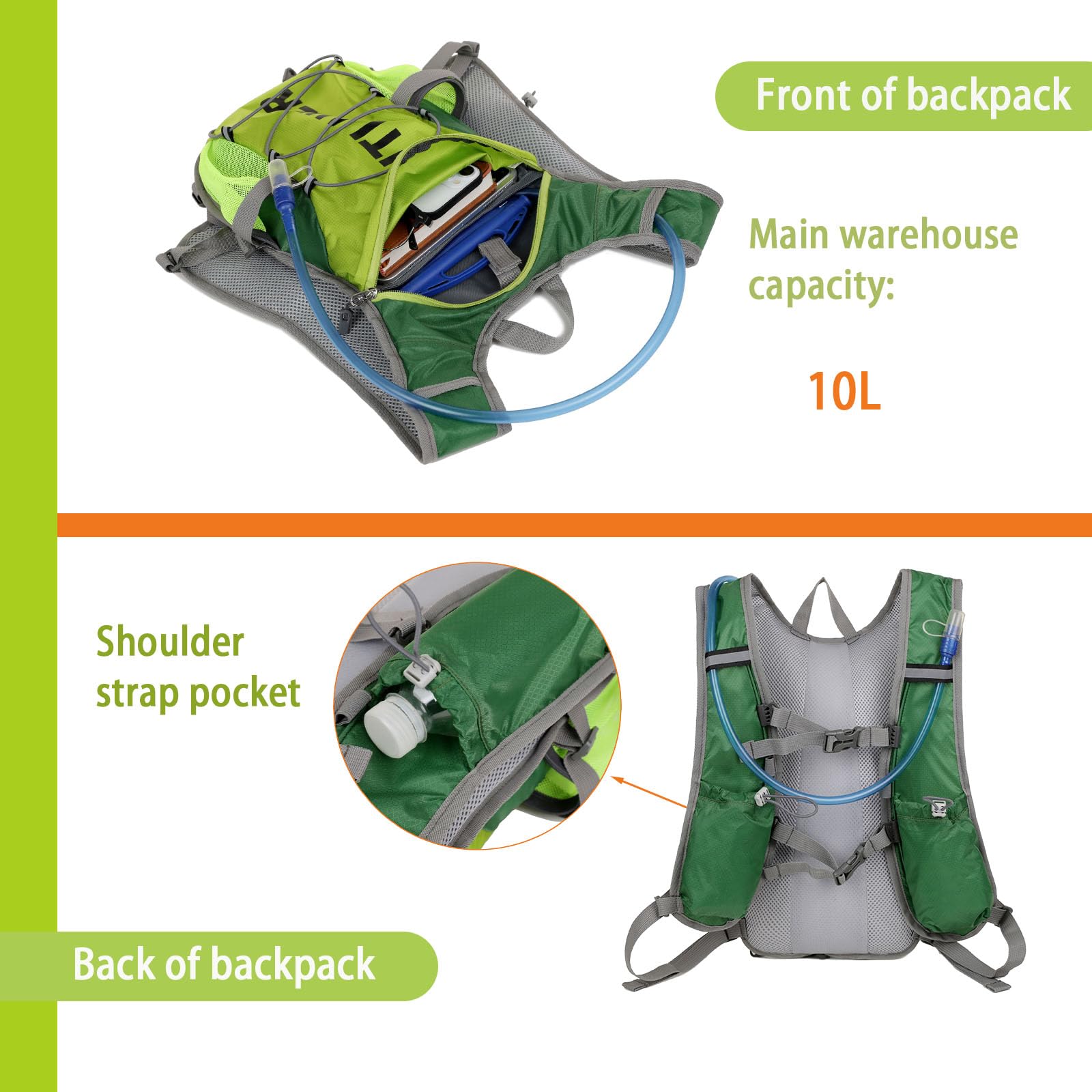 Zaino da corsa da 10 l, leggero e funzionale, adatto per arrampicata all'aperto, trekking, ciclismo, maratona, per uomini e donne