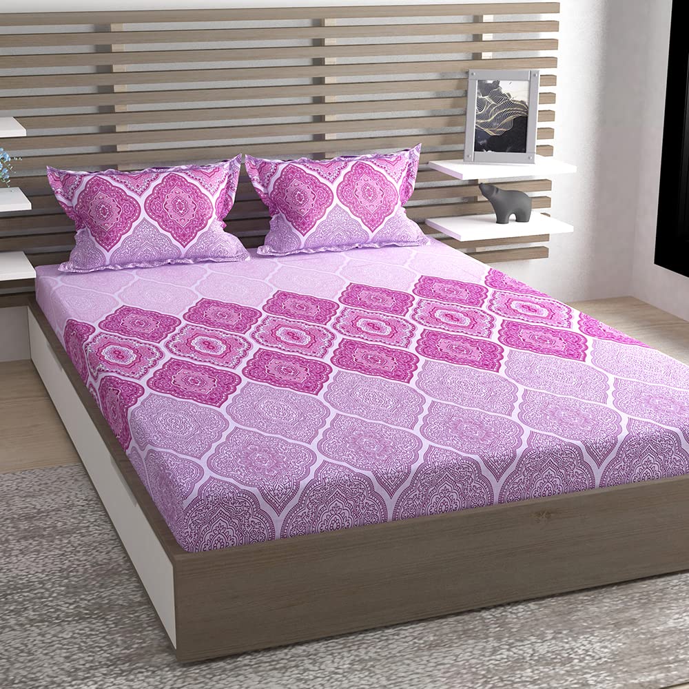 DECOMIZER 144tc Cotton Ethnic Floral Double Bedsheets with 2 Pillow Covers || Pure Cotton Bedsheet || Fitted Elastic or Double Bed (Fitted Bed Sheet - 72x78x8 Inches, Design-Purple Damas)