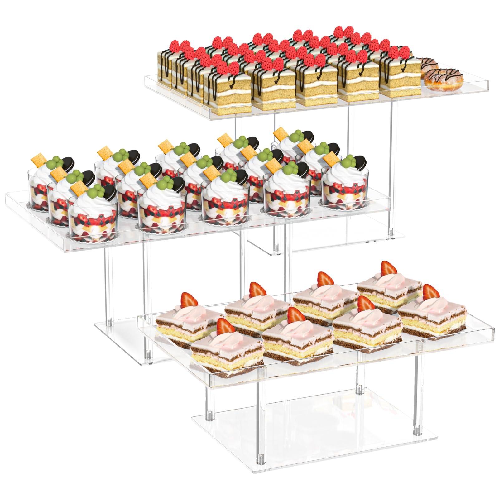 Yokawe 3 Packs Dessert Stand Display Set, Cupcake and Pastry Serving Trays, Cookie, Cake, and Sweets Platter, Transparent Snack Buffet Risers for Weddings and Parties Clear