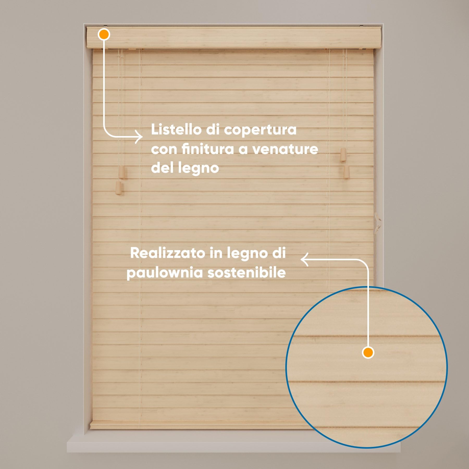 DTCH® Veneziana in legno per interni, naturale, 140 x 130 cm | Lamelle 50mm, legno sostenibile, protezione solare e visiva, regolazione luce, larghezze fino a 250 cm, sicurezza bambini