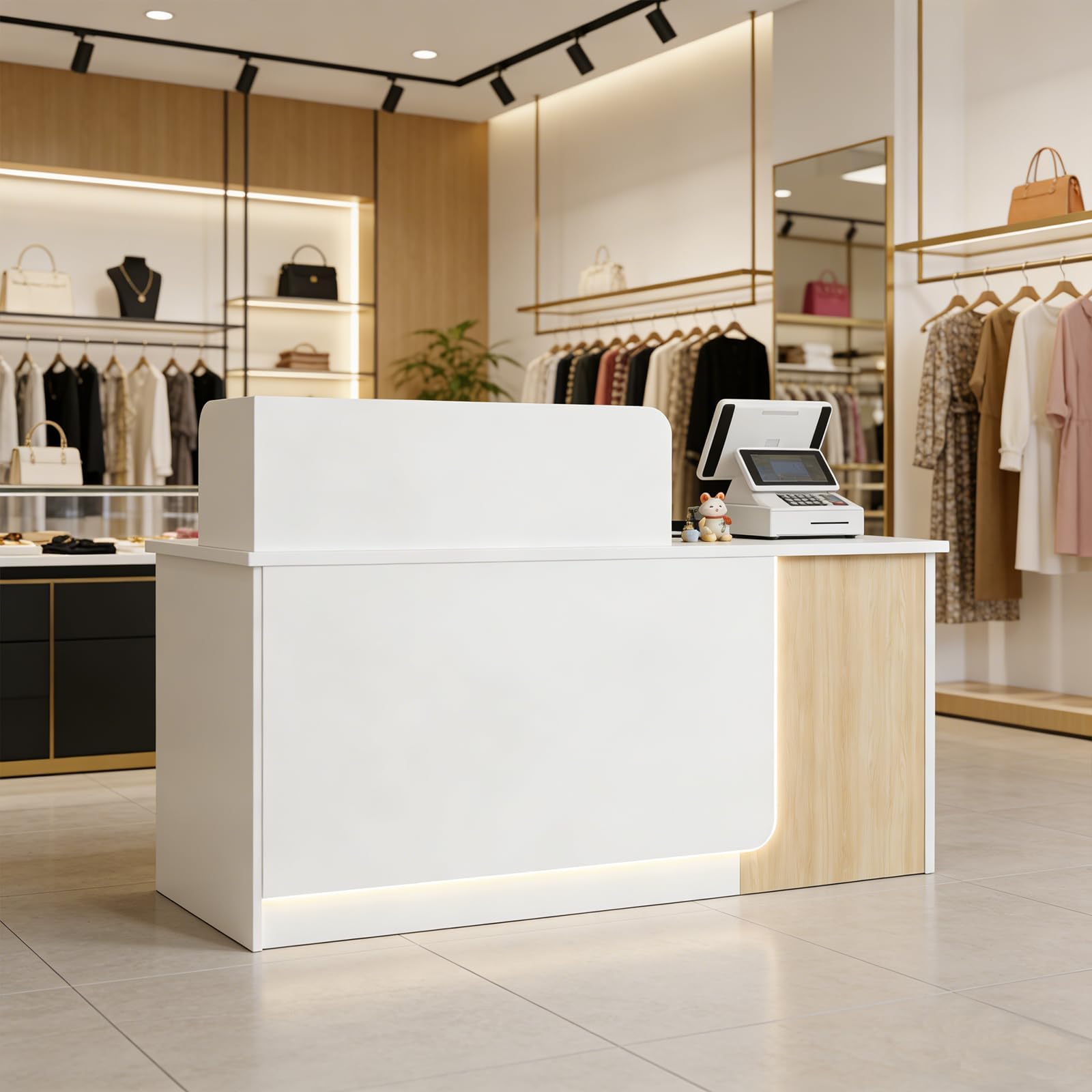 Reception Desk with Counter,Modern Front Desk White,Wooden Reception Counter with Shelves and Storage Cabinet,for Hotel Lobby Company Office Store Shop Beauty Salon (White-A, 63IN)
