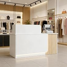 Reception Desk with Counter,Modern Front Desk White,Wooden Reception Counter with Shelves and Storage Cabinet,for Hotel Lobby Company Office Store Shop Beauty Salon White-A, 63IN
