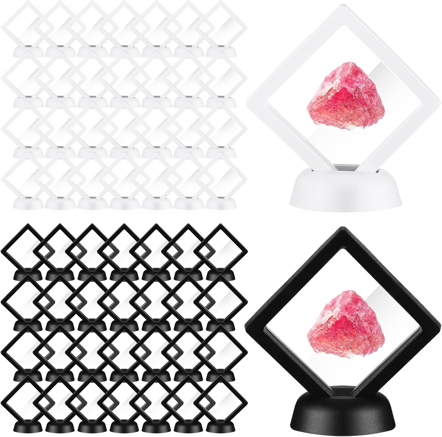 60 Pcs 3D Floating Display Case PE Film Jewelry Storage Box Coins Display Frame Holder Stands for Antique Challenge Coins, Medallion Shells Gems Rocks Pins (White, Black,2.76 Inch)