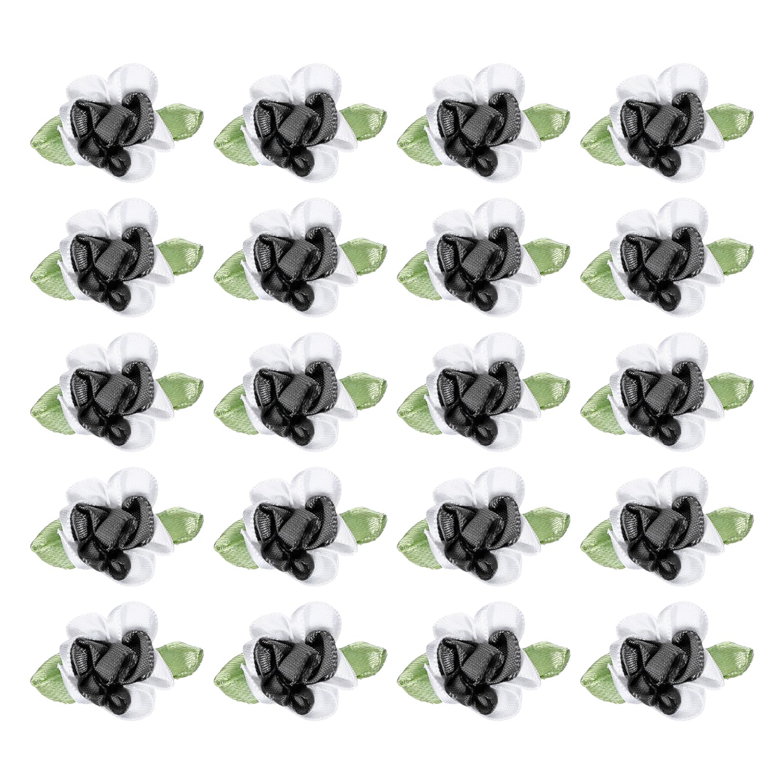 PATIKIL 1 Inch Ribbon Flowers Bows for Crafts 20 Pack Mini Satin Roses Flowers Small Fabric Flower Heads DIY Sewing Appliques for Gift Wedding Bride Ornament Black/White