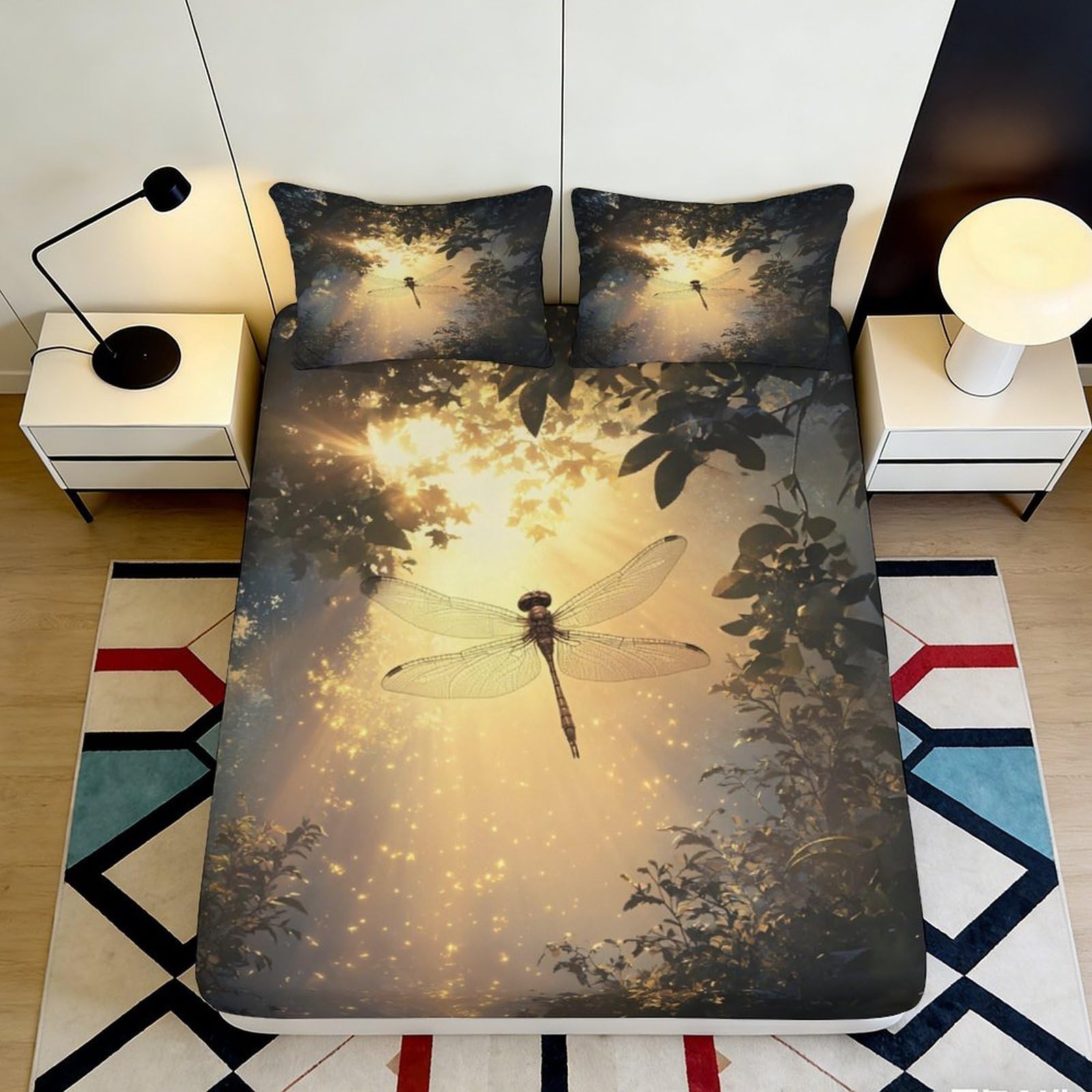 3D Printed Sunlight Dragonfly Fitted Sheet Microfiber Breathable Forest Bed Cover for Bedroom Guest Room Decor 90x200x25cm