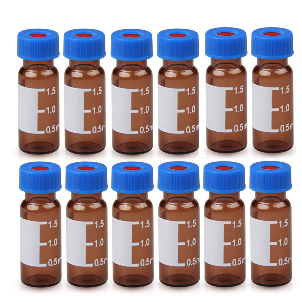 Autosampler Vials 2ml with Caps, HPLC Vial,9-425 Clear Vial with Blue Screw Caps,Writing Patch,Graduation,White PTFE & Red Silicone Septa Fit for GC Sample Vial (500PCS, Brown)