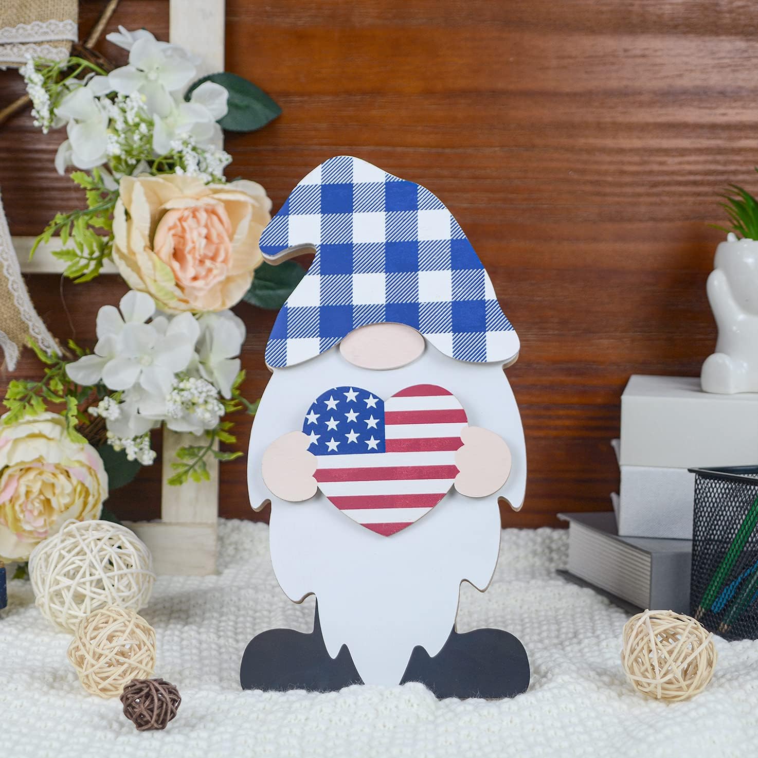 Winder Gnome Decor Home Sign Wall Hanging & Table with 8-PC Wooden Interchangeable DIY Seasonal Icons for Front Door Garden Holiday Spring Veterans Day 4th of July Halloween Christmas Decorations