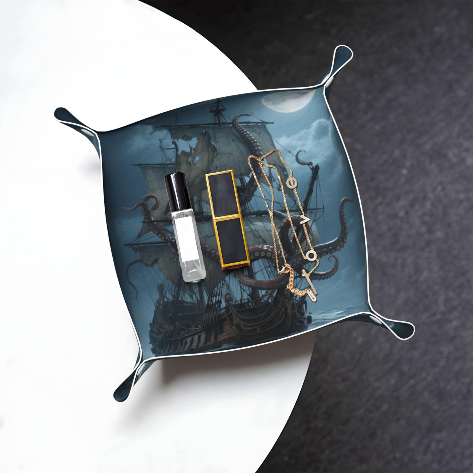 Octopus Kraken Pirate Ship Ocean Valet Tray Organizer Pu Leather Travel Catchall Tray Organizer Portable Jewelry Tray Storage Keys Tray for Entryway Table Coins Watches Candy