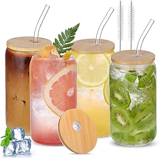 Glass Cups with Bamboo Lids and Straws 4pcs 16oz Coffee Beer Can Cups with Lids and Straws Drinking Glasses glass coffee mugs Aesthetic Cute Glass Tumbler, Coffee Bar Accessories Gifts