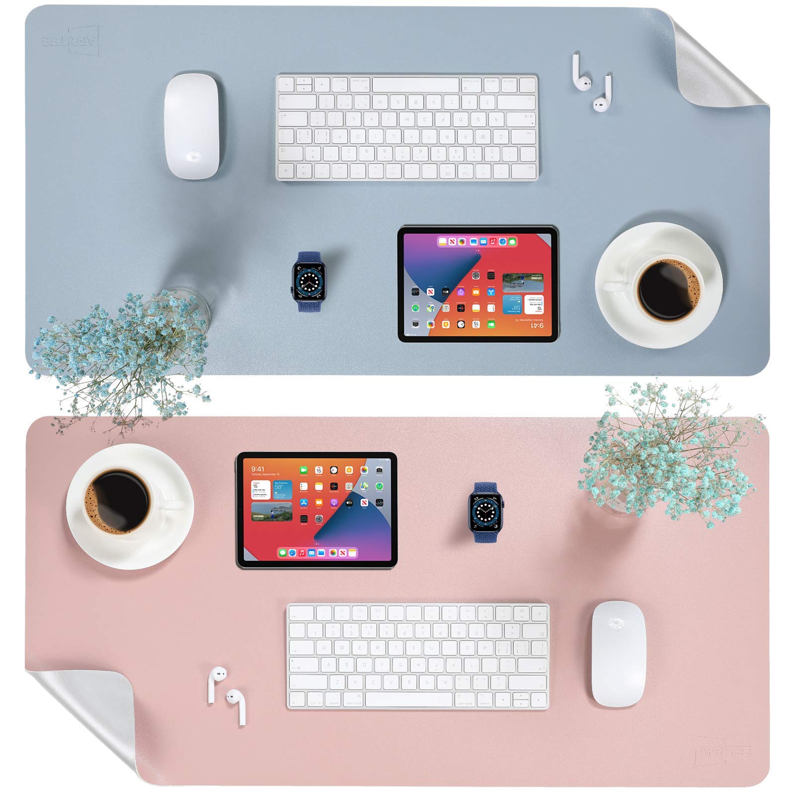 AFRITEE Desk Pad Protector Mat - Grayish Blue/Silver, 31.5" x 15.7" & Rose Pink/Silver, 31.5" x 15.7"