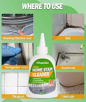 GleamGlee Home Remover Gel, 8 Fl.Oz Powerful Washing Machine Gasket Cleaner, Heavy Duty Stain Cleaner for Front Loader Washing Machine Seal, Bathroom Shower, Grout, Bathtub, Tile & Silicone Surfaces