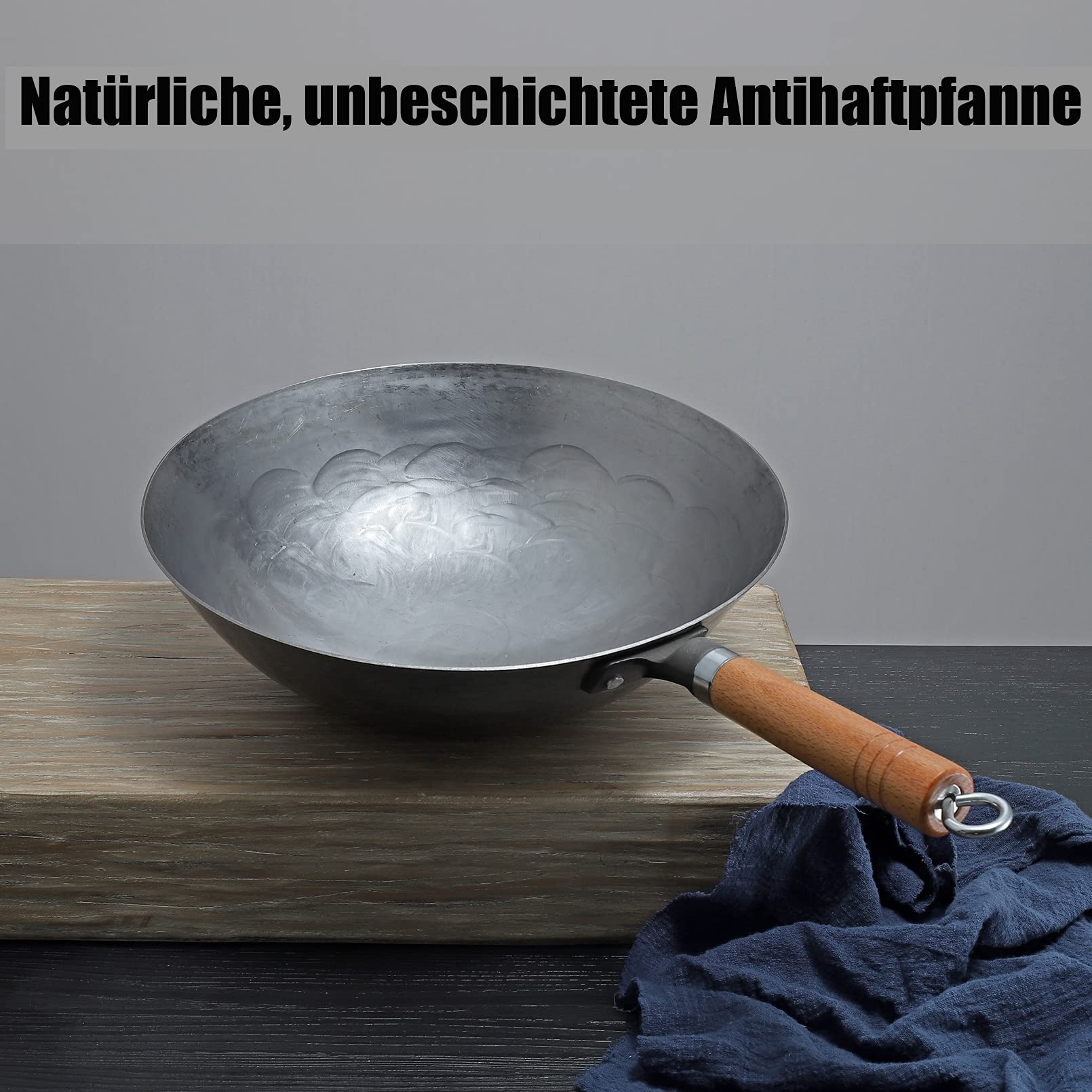 Wok Wok Tradizionale Wok in Acciaio al Carbonio Martellato A Mano con Manico in Legno E Acciaio Manico Rimovibile Wok Spesso 1,8 mm con Coperchio (Base Rotonda),36cm