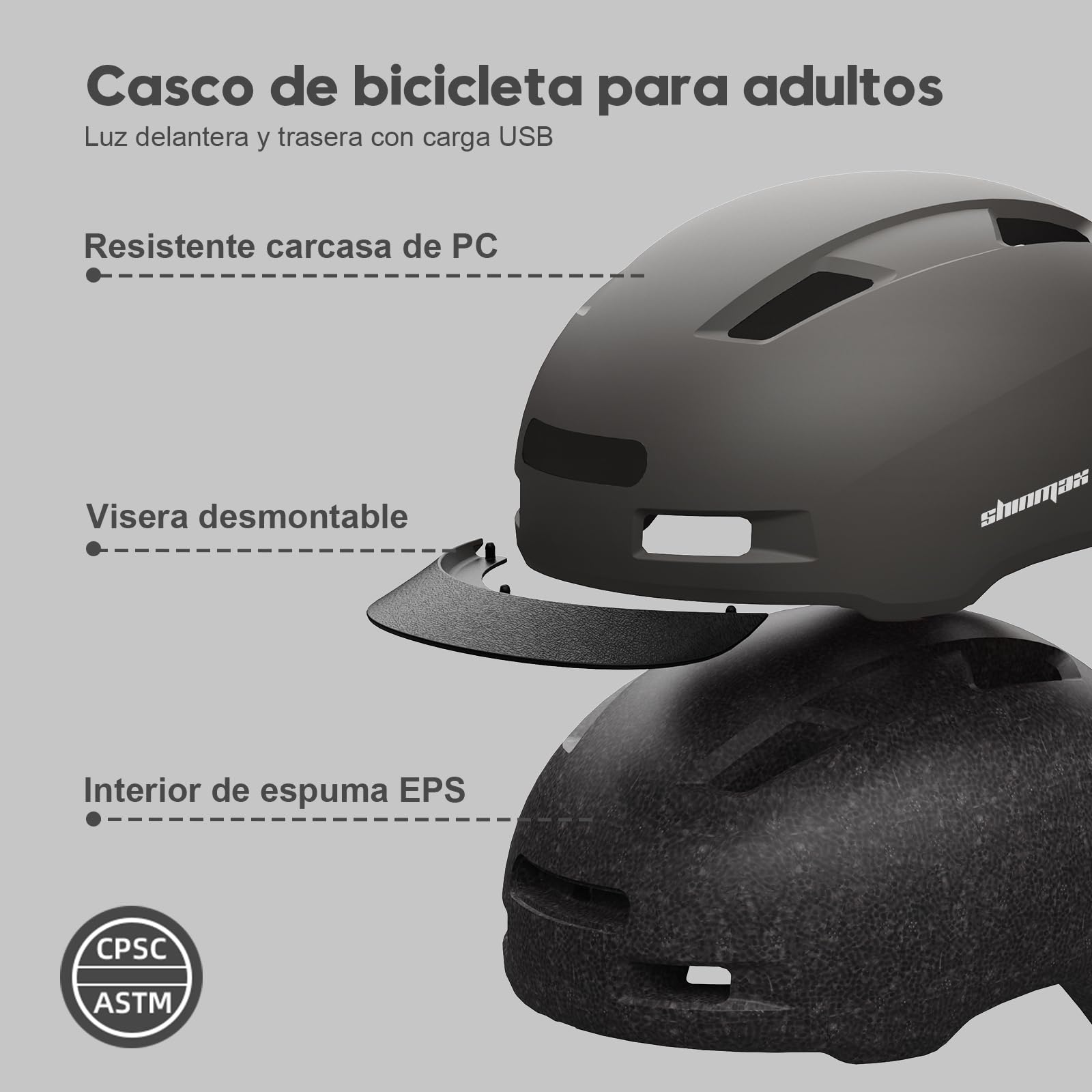 Shinmax Casco Bicicleta Mujer Hombre, Casco Bicicleta con Luz 5 Modos, USB Casco Bicicleta con Visera, Casco Bicicleta Adulto,Cascos Bicicleta Montaña, Casco Patinete Electrico Adulto para Viajeros