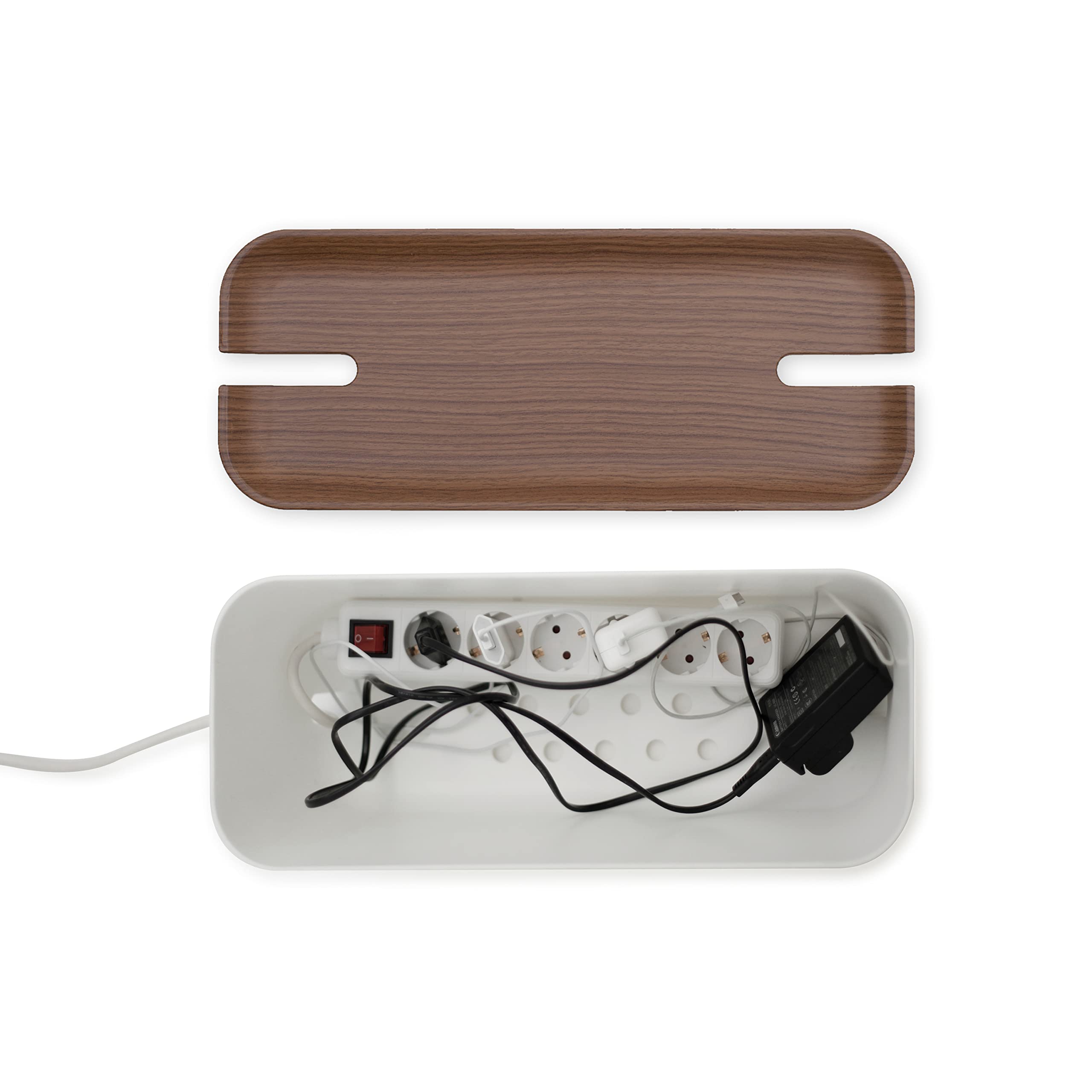 Kabelbox XL. Kabelmanagement und Ladestation. Box zum Kabel verstecken bei Kabelsalat. Flammhemmenden Kunststoff. Award-Winning Design. Weiß/Dunkelbraun Holzoptik. (45 x 18 x 17 cm)