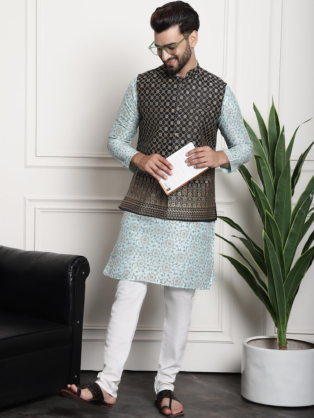 Sojanya (Since 1958 Men's Silk Blend Print Sea Green Kurta & Cream Pyjama With Black Nehrujacket