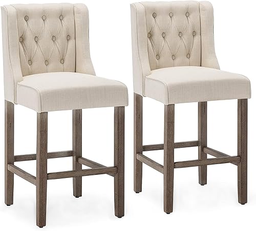 BELLEZE Juego de 2 taburetes de bar con altura de mostrador para isla de cocina, taburetes de mostrador con respaldo alto con botones, taburetes de