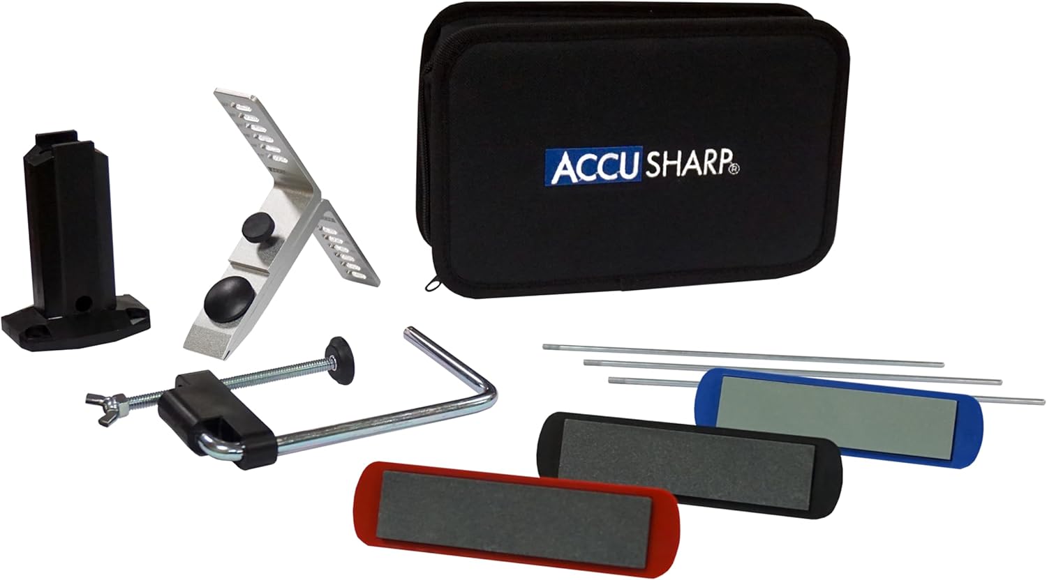 AccuSharp Stone Knife Sharpening Kit, Straight-Bladed Knives Honing Set, Portable Stone Sharpener with Clamp, Pouch & Guide, 3 Set Stones with Varying Coarseness