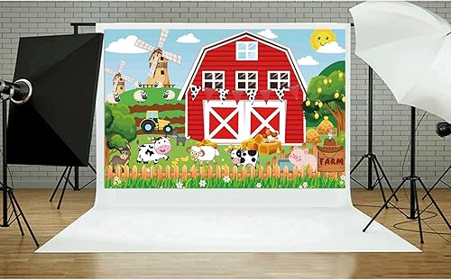 Miniatura 4 de Fondo rojo de dibujos animados para fiesta de animales de granja para niños, baby shower, fondo de cumpleaños para decoración de fotografía,