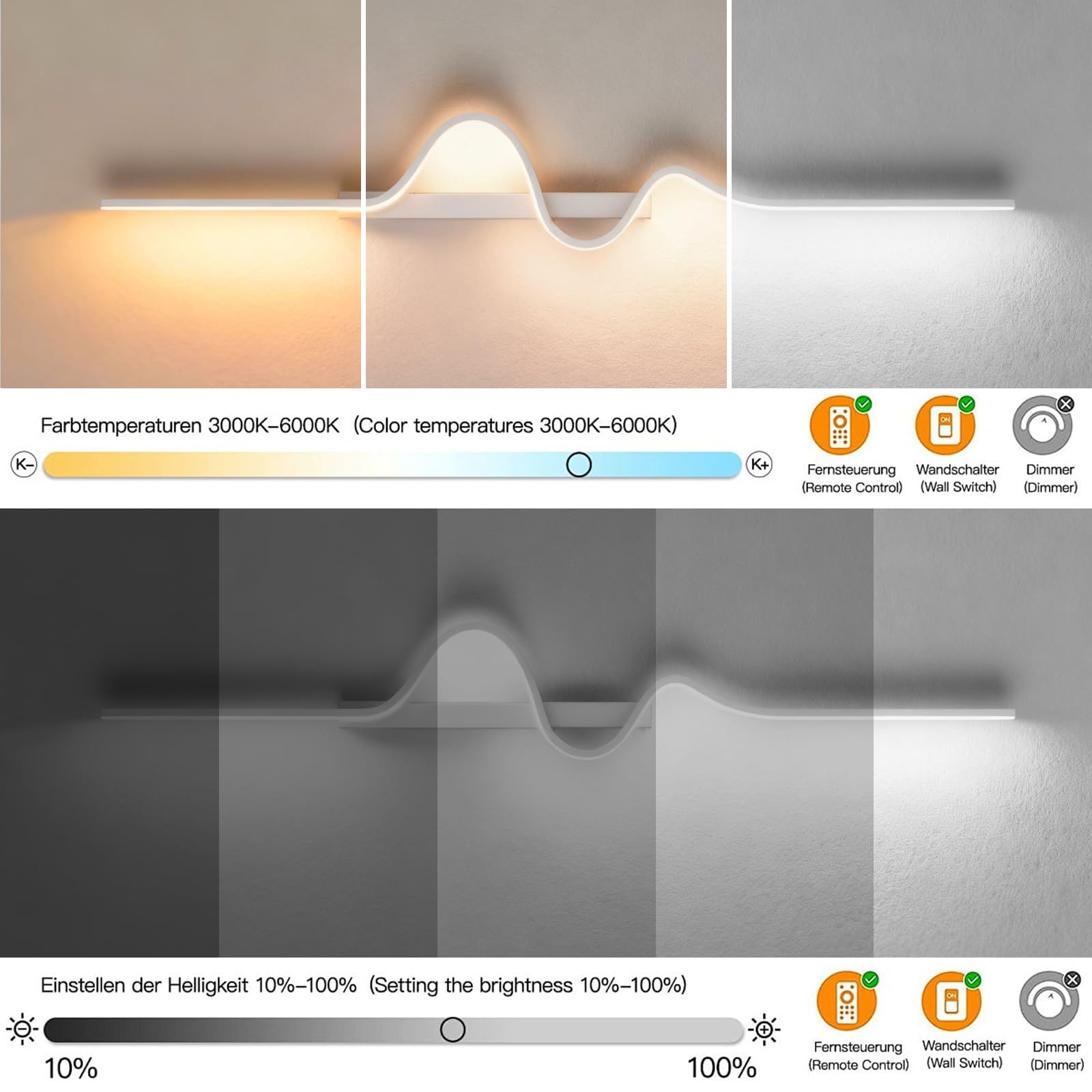 LED Wandlampe innen 13W 2000LM Wandleuchte Dimmbare 80CM Longue | Wandbeleuchtung mit Fernbedienung,10%-100%,3000K-6000K, für Schlafzimmer Korridor Wohnzimmer Treppe Kinderzimmer Büro Küche