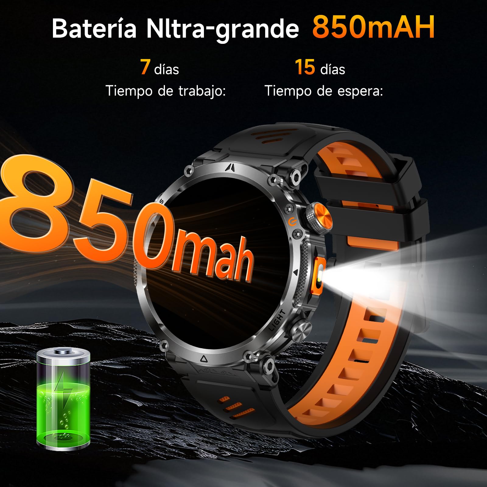 YUPENG Reloj Inteligente Hombre Militar, GPS/Brújula /850mAh Batería | 1.7" Impermeable Smartwatch con Chat-GPT Linterna Frecuencia Cardíaca, Sueño Salud,Función telefónica Pulsómetro,iOS/Android