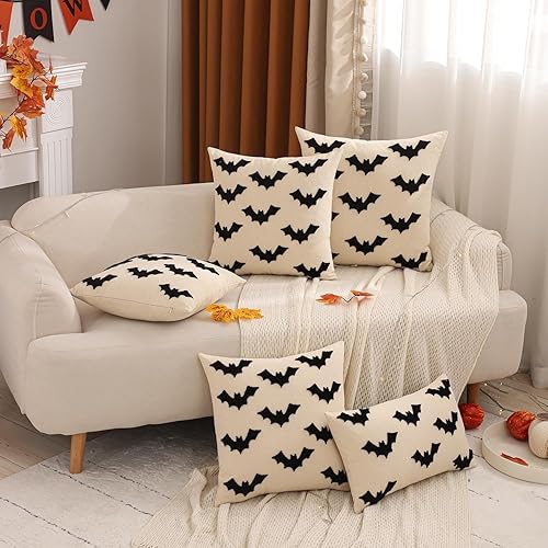 Miniatura 7 de Tosleo Juego de 2 fundas de almohada de Halloween de 18 x 18 pulgadas, fundas de almohada negras con bordado de murciélagos 3D, fundas de almohada