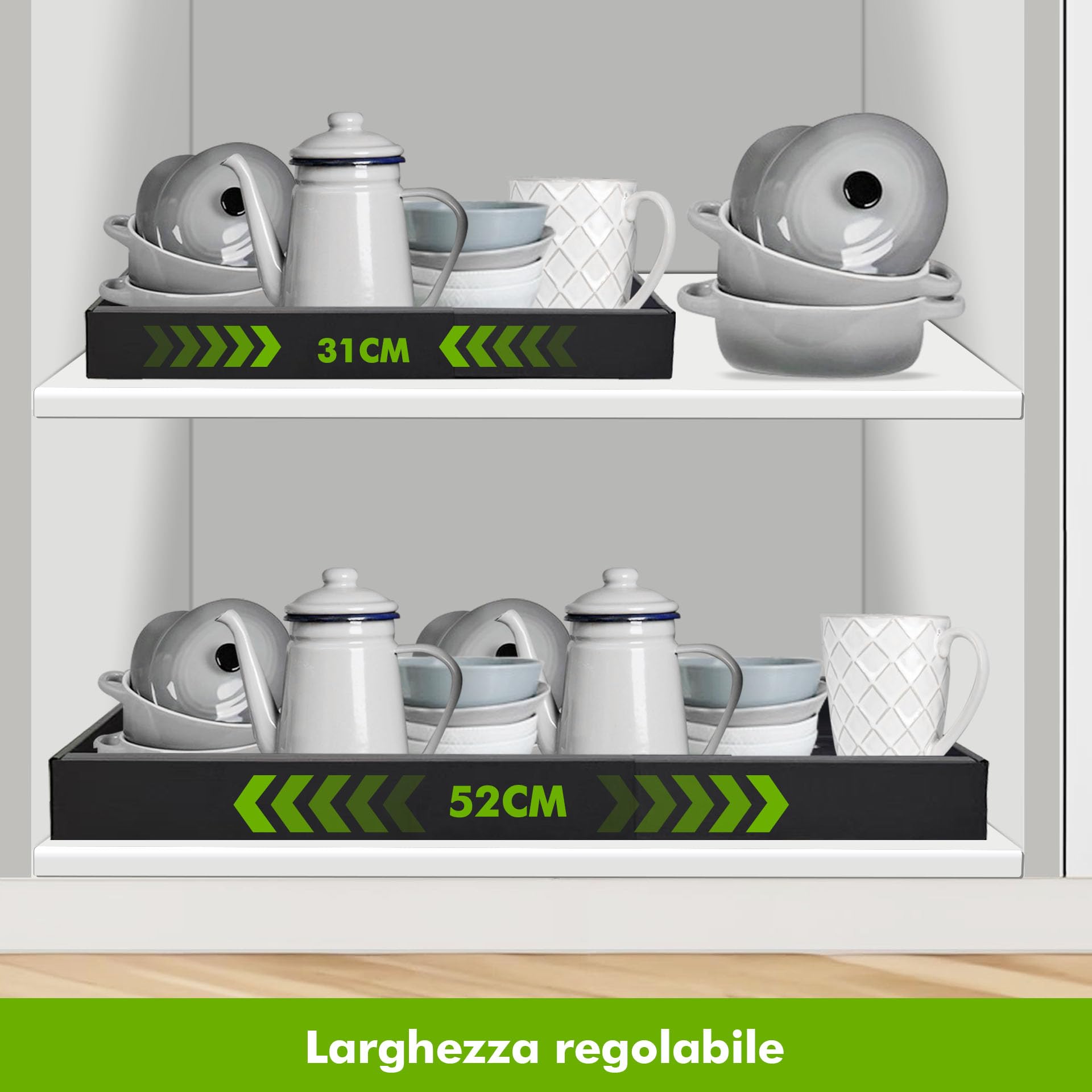 Mimoke Organizer espandibile estraibile per armadio, cassetto telescopico da cucina con adesivo, organizer per cassetti da cucina/bagno (nero, (2 pezzi) larghezza 31-52 cm, profondità 42 cm)