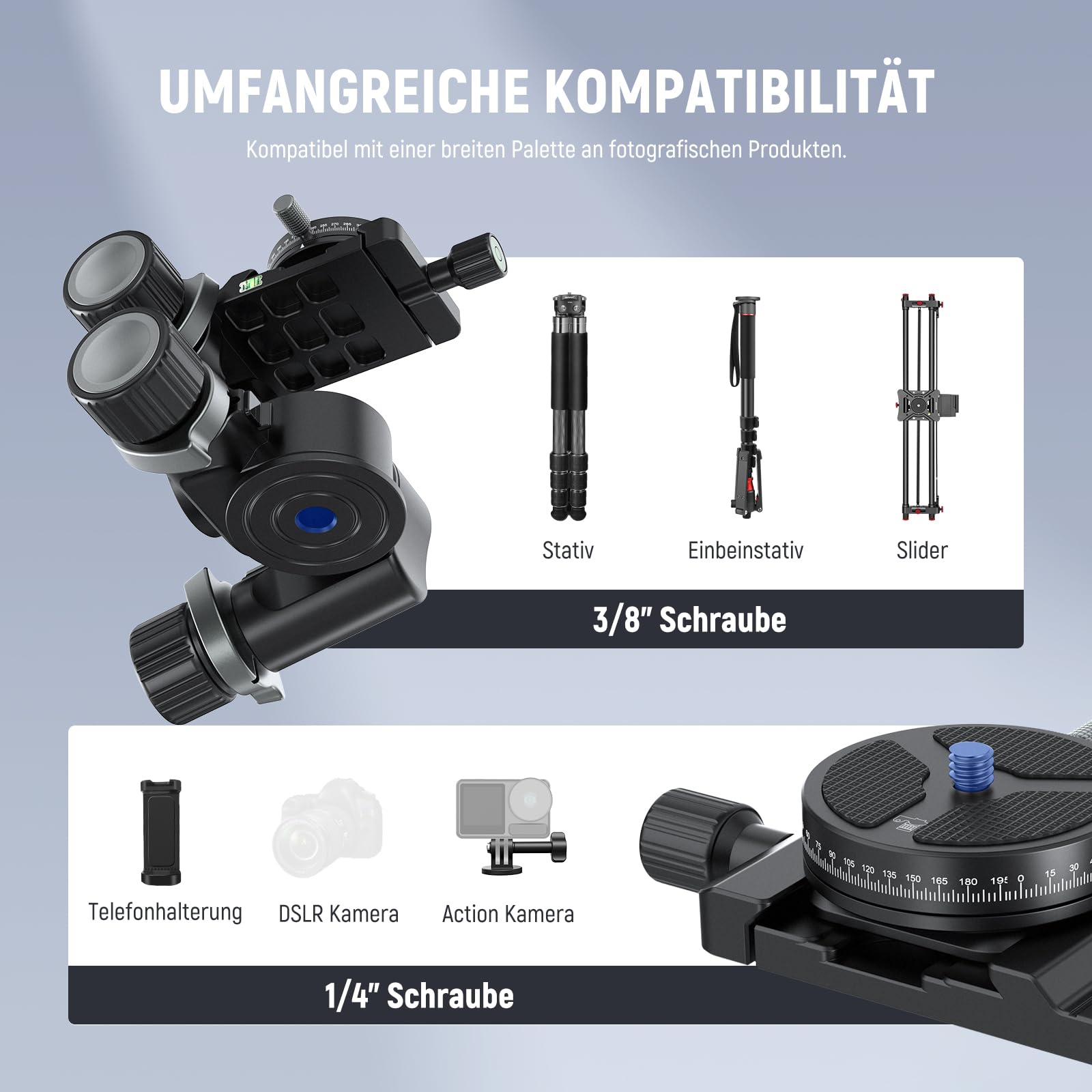 Neewer 3 Wege Neiger Stativkopf mit 360° Schwenk Arca QR Platte – Bild 7