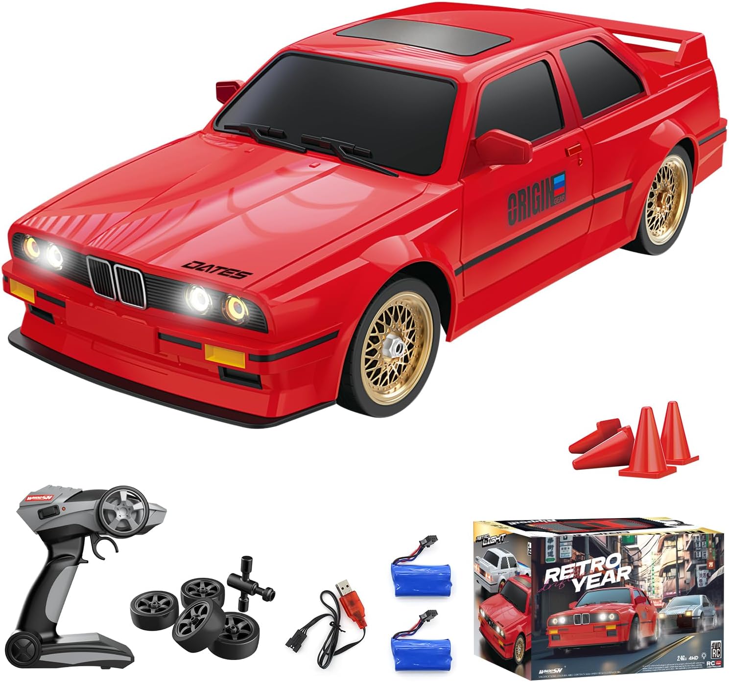 RC Drift Car for Kids Adults 1:16 Scale 2.4Ghz 4WD High Speed RTR Racing Car 30KM/H with Led Lights Remote Control Vehicle Sport Toy Gifts for Girls Boys, Two Batteries and Drift Tire Included