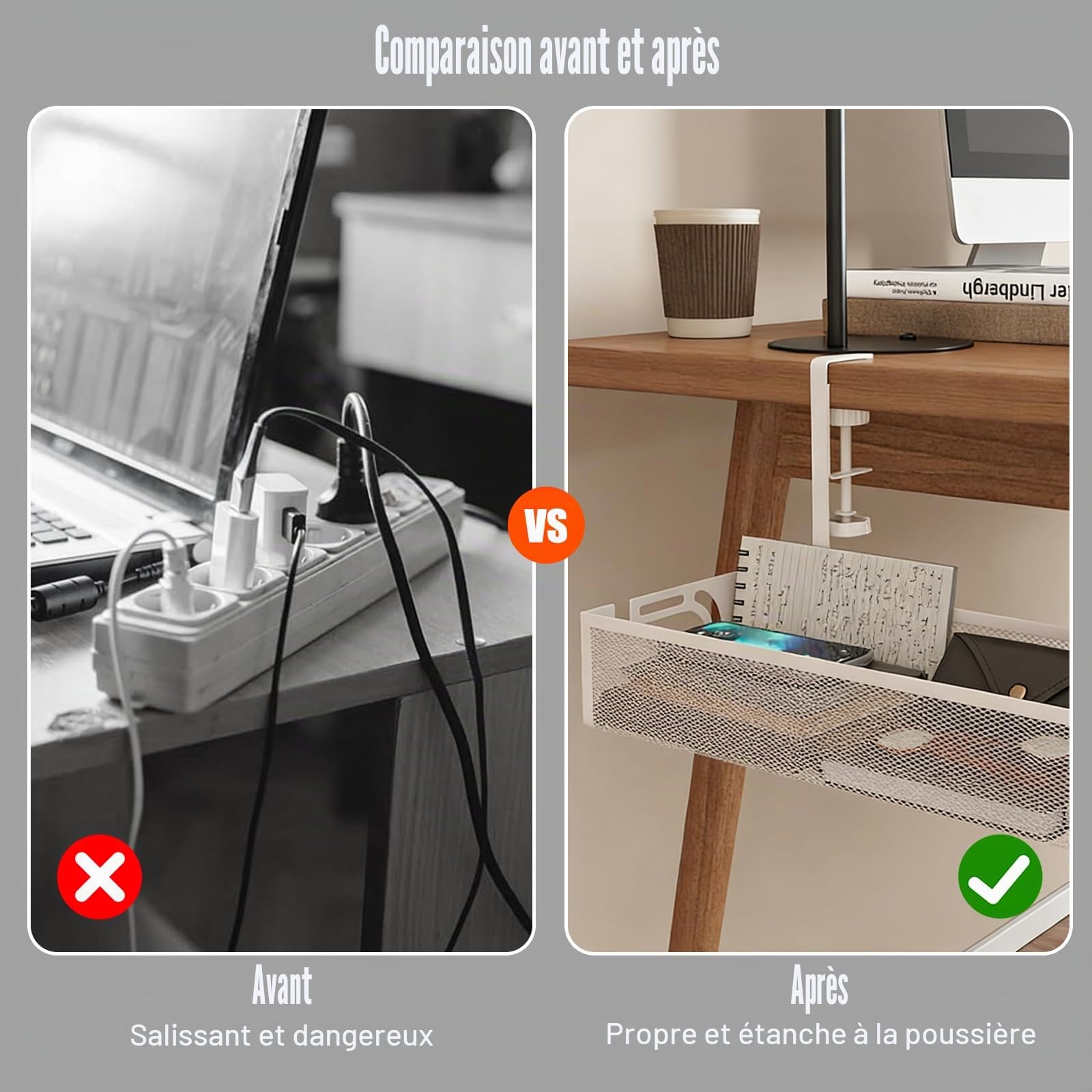 Cache Cable Bureau sans Percer, Plateau de Gestion des Câbles sous Le Bureau, Chemin de Câbles en Treillis MéTallique avec Pince, pour Domicile(Blanc 1, 40 * 13 * 7cm)