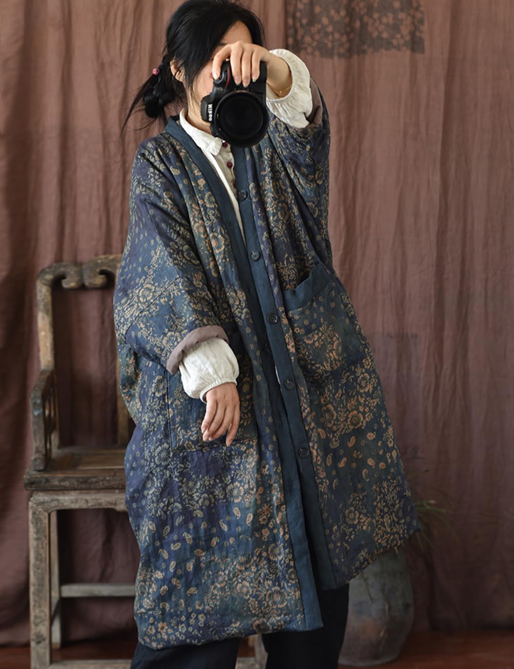 NFYM Giacche lunghe da donna Capispalla invernale al ginocchio stampato vintage patchwork allentato trapuntato giacche leggere