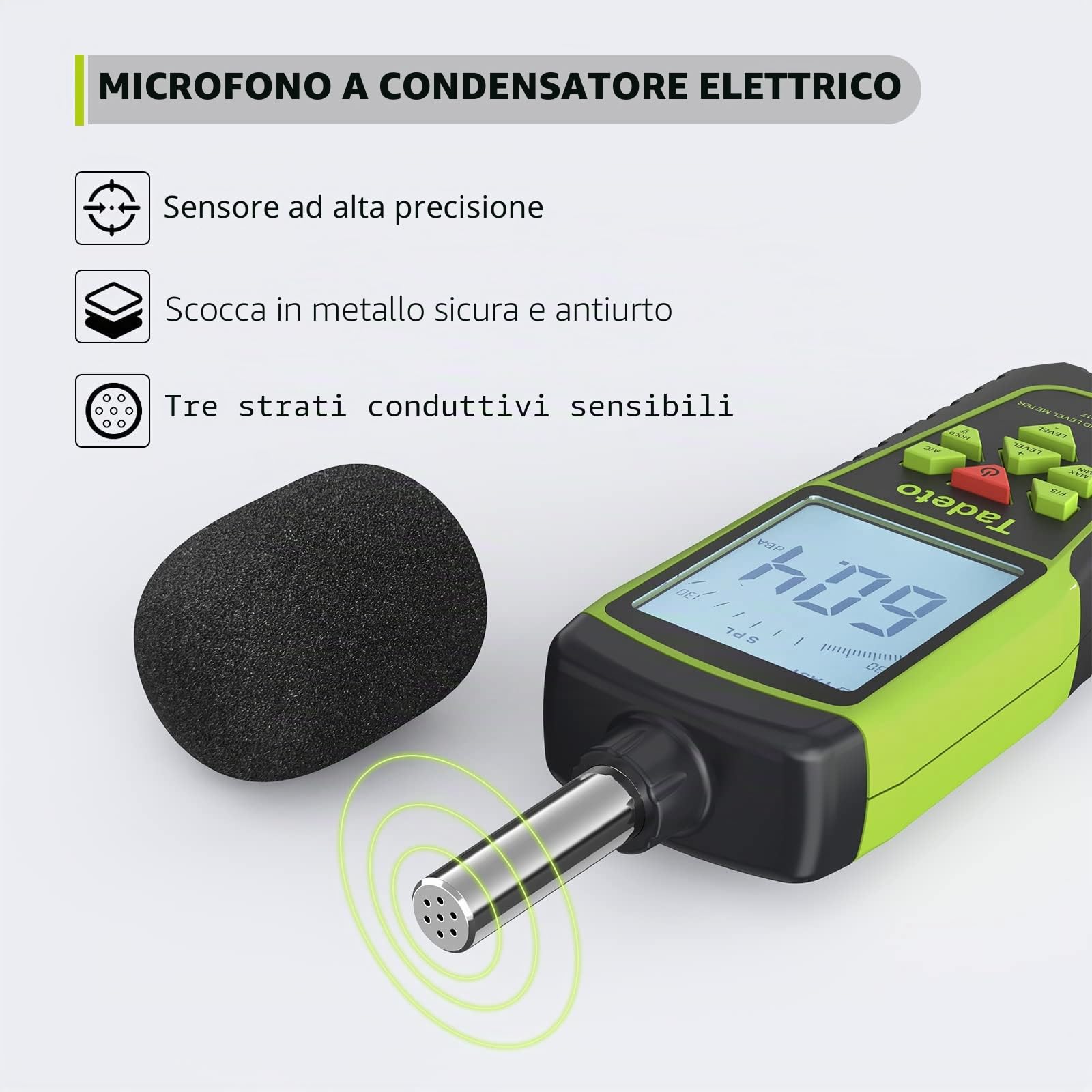 Fonometro， Tadeto Fonometro Professionale Portatile da 30dB a 130dB con Display LCD retroilluminato,Misura del rumore MAX/MIN,Conservazione dei dati,Modalità A/C，per aula, ufficio, fabbrica