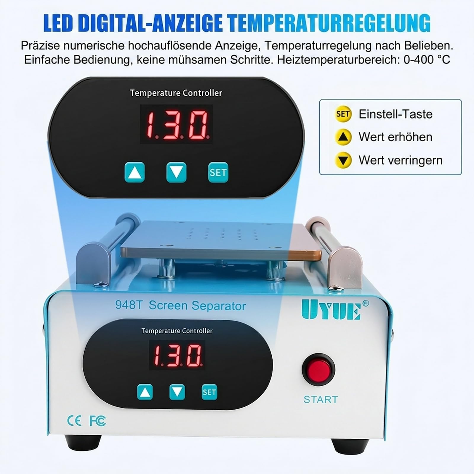 Handy Screen Separator Heizplatte Handy Reparatur LCD hot Screen Separator Handy heizplatte Screen bildschirmabscheider hot Screen Splitter mit 3 Silikonpads blau UYUE948T AC 220V.
