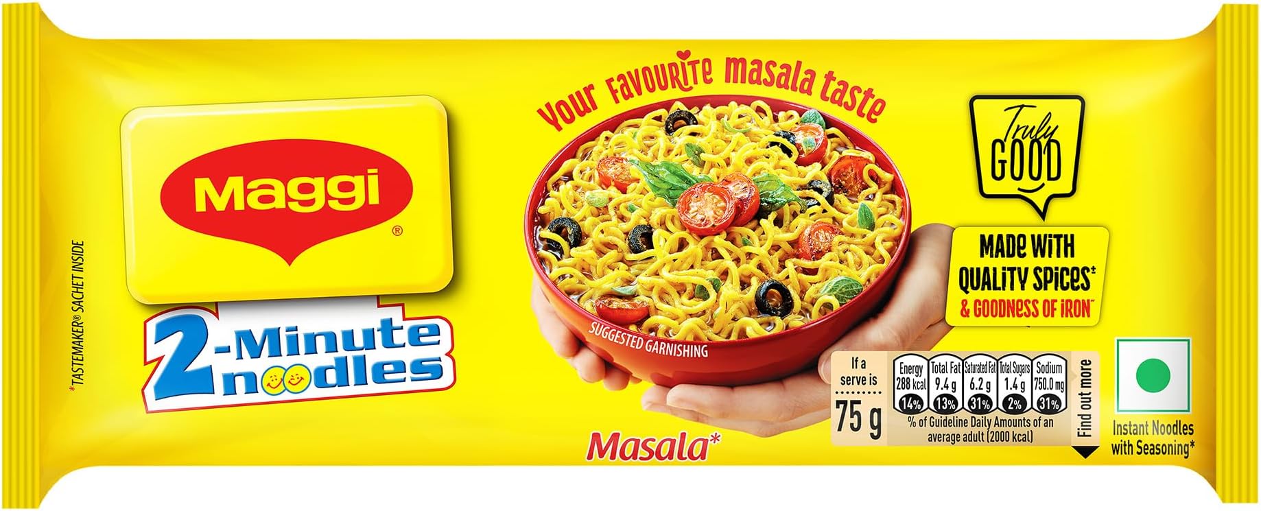 2-Minute Instant Noodles, Favourite Masala Taste, Masala Noodles With Goodness Of Iron, Made With Choicest Quality Spices, 280g/300g Pouch (weight may vary)