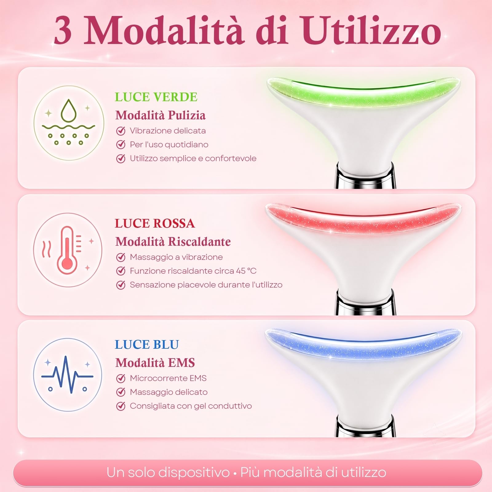 Massaggiatore Viso Lifting Antirughe Elettrico: 4-in-1 Apparecchio Massaggio Viso con 4 Testine Intercambiabili, Luce LED 3 Modalità, Calore 45°C, Massaggio Vibrante per Viso e Collo, per Uomo e Donna
