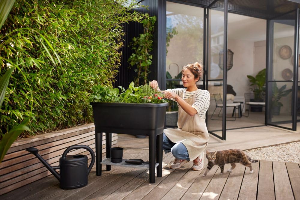 Elho Noa Potager sur Pied 80 Planteur Plastique Recyclé Ø 78.5 x H 34.2 cm Living Noir