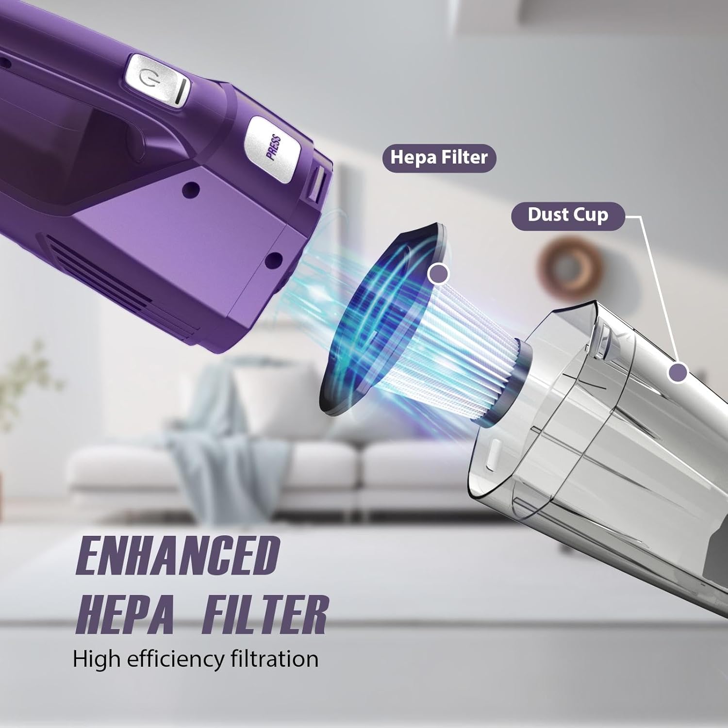Close-up view of the Bossdan H9 vacuum's dust cup and HEPA filter, highlighting the enhanced filtration system.