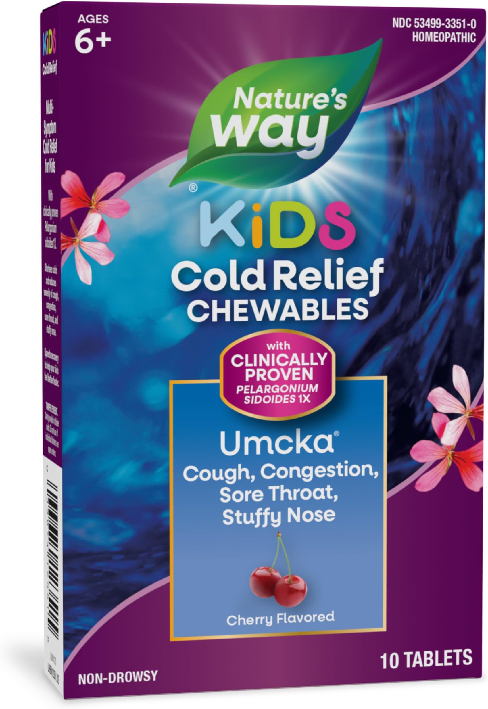 Kids Cold Relief Chewables, Umcka, Ages 6+, Shortens Duration and Reduces Severity, Multi-Symptom Cold Remedy, Non-Drowsy, Cherry Flavored, 10 Tablets