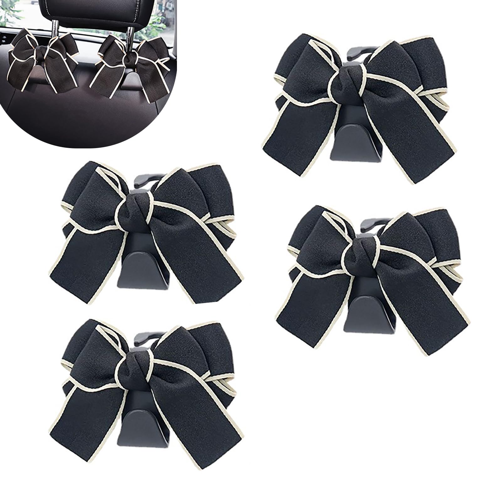 Shakas 4 PCS Black Bow Car Purse Hooks, Bow Decoration Wallet Umbrella Backpack Multifunctional Hanging Storage Hook, Plug-in Portable Rotatable